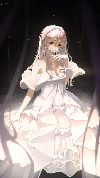 Anime picture 2160x3840 with original luenar single long hair tall image looking at viewer fringe highres breasts open mouth hair between eyes red eyes large breasts cleavage white hair arm up blurry off shoulder dark background frilled dress