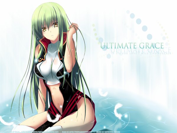 Anime picture 1600x1200 with code geass sunrise (studio) c.c. single long hair blush fringe light erotic simple background brown eyes cleavage green hair inscription wet wallpaper adjusting hair wet clothes girl navel water