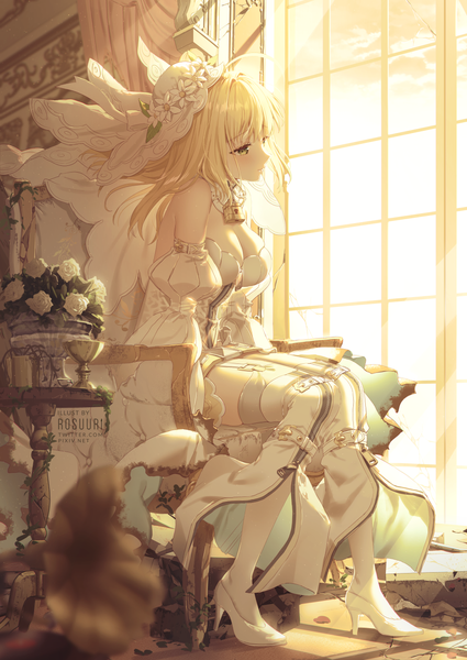 Anime picture 1000x1413 with fate (series) fate/extra fate/extra ccc nero claudius (fate) (all) nero claudius (bride) (fate) rosuuri single long hair tall image blush fringe breasts blonde hair hair between eyes large breasts sitting green eyes signed looking away cleavage