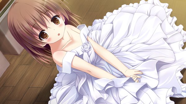 Anime picture 1024x576 with soshite kirameku otome to himitsu looking at viewer blush short hair open mouth brown hair wide image brown eyes game cg loli girl dress
