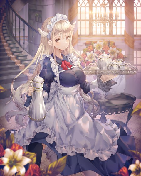 Anime picture 900x1125 with original kinty single long hair tall image looking at viewer blush fringe breasts blonde hair hair between eyes standing holding payot indoors sunlight blurry maid silver eyes head wings