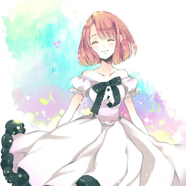 Anime picture 1000x1000 with uta no prince-sama a-1 pictures nanami haruka (uta no prince-sama) lalaoalal single blush short hair smile bare shoulders pink hair eyes closed parted lips orange hair puffy sleeves happy ^ ^ girl dress frills white dress