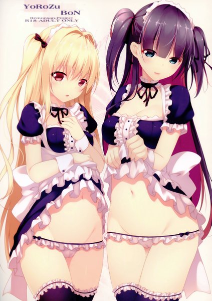 Anime picture 2117x3000 with shokuyou mogura long hair tall image looking at viewer highres blue eyes light erotic blonde hair red eyes twintails multiple girls purple hair scan official art maid short twintails girl dress navel uniform