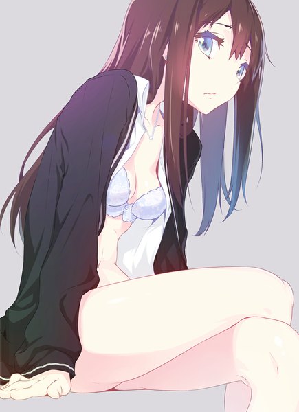 Anime picture 700x964 with idolmaster idolmaster cinderella girls shibuya rin nilitsu single long hair tall image looking at viewer breasts blue eyes light erotic simple background brown hair sitting grey background open clothes open shirt crossed legs girl shirt