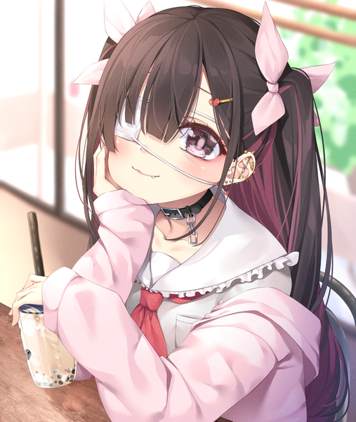 Anime picture 1800x2130 with original chiyonekoko single long hair tall image blush highres sitting purple eyes from above fang (fangs) two side up piercing ear piercing :3 head rest girl uniform hair ornament ribbon (ribbons)