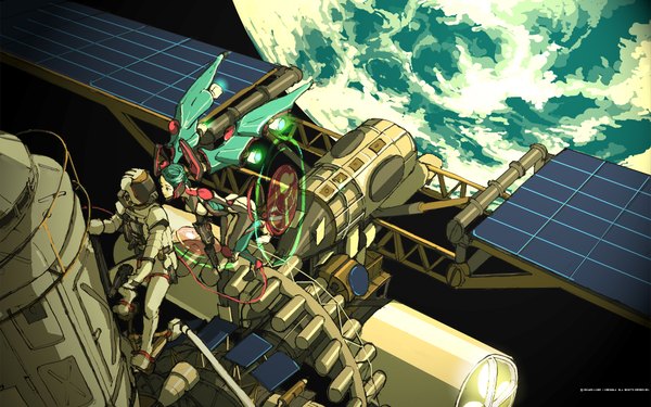 Anime picture 1920x1200 with vocaloid mikumix hatsune miku highres wide image green hair space ambiguous gender astronaut girl spacecraft spacesuit gecco