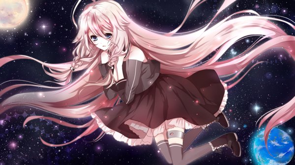 Anime picture 2000x1120 with vocaloid ia (vocaloid) an-mar (tukumoooon) single long hair highres blue eyes wide image bare shoulders pink hair braid (braids) twin braids space girl thighhighs dress black thighhighs planet earth