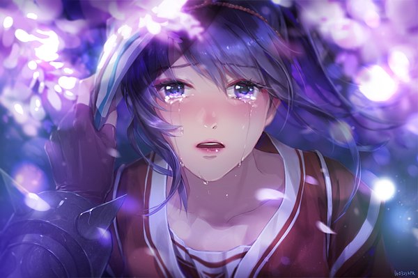 Anime picture 800x533 with league of legends akali (league of legends) lucy (amanecer) long hair looking at viewer blush fringe open mouth hair between eyes purple eyes signed purple hair upper body from above lips teeth tears solo focus crying adjusting clothes