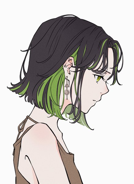 Anime picture 2675x3673 with original mele ck single tall image highres short hair black hair simple background white background green eyes upper body profile multicolored hair green hair two-tone hair piercing ear piercing colored inner hair expressionless girl