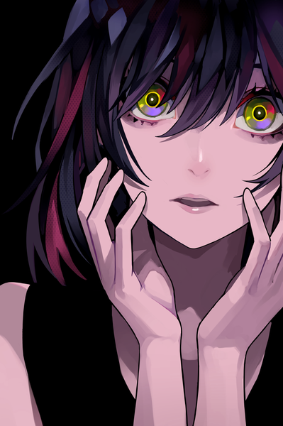 Anime picture 1064x1600 with original lam (ramdayo) single tall image looking at viewer fringe short hair open mouth black hair simple background hair between eyes bare shoulders green eyes upper body red hair multicolored hair lips two-tone hair sleeveless black background