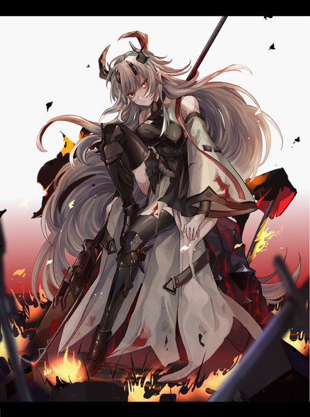 Anime picture 2873x3868 with arknights matoimaru (arknights) nakura hakuto single tall image looking at viewer highres red eyes sitting looking away full body bent knee (knees) very long hair horn (horns) pointy ears grey hair letterboxed bloody clothes girl thighhighs