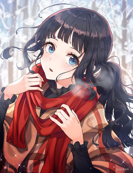 Anime picture 800x1038 with original soyubee single long hair tall image looking at viewer blush fringe open mouth blue eyes black hair signed payot upper body ahoge blunt bangs wind sparkle depth of field wavy hair