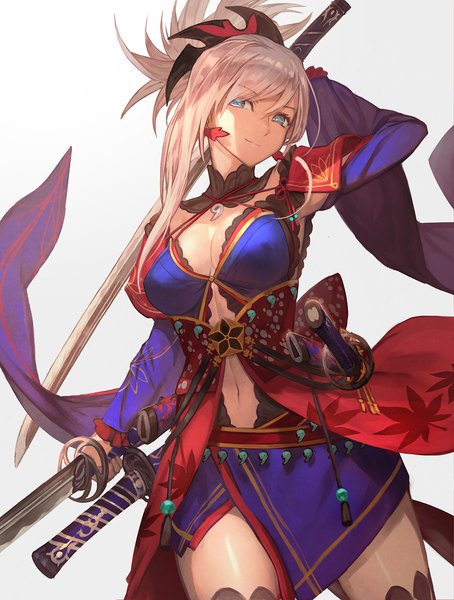 Anime picture 1136x1500 with fate (series) fate/grand order miyamoto musashi (fate) lack single long hair tall image looking at viewer breasts blue eyes light erotic simple background smile large breasts bare shoulders holding pink hair head tilt grey background wide sleeves