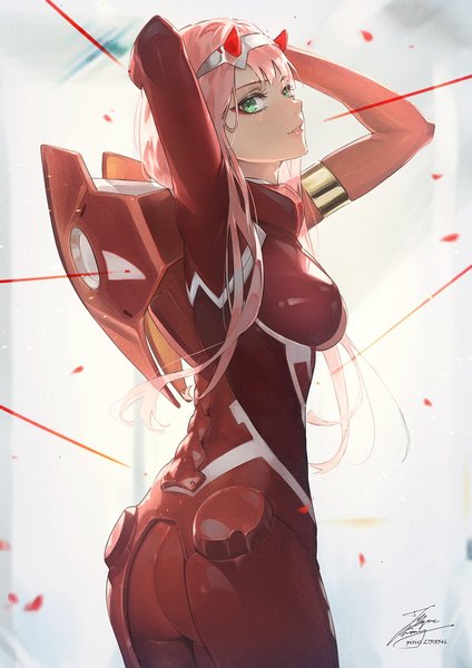 Anime picture 1061x1500 with darling in the franxx studio trigger zero two (darling in the franxx) fadingz single long hair tall image looking at viewer fringe breasts light erotic standing green eyes signed pink hair ass horn (horns) light smile arms up arms behind head