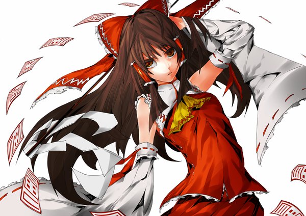 Anime picture 1500x1060 with touhou hakurei reimu yutapon single long hair looking at viewer black hair simple background white background brown eyes girl skirt bow hair bow detached sleeves skirt set ascot gohei