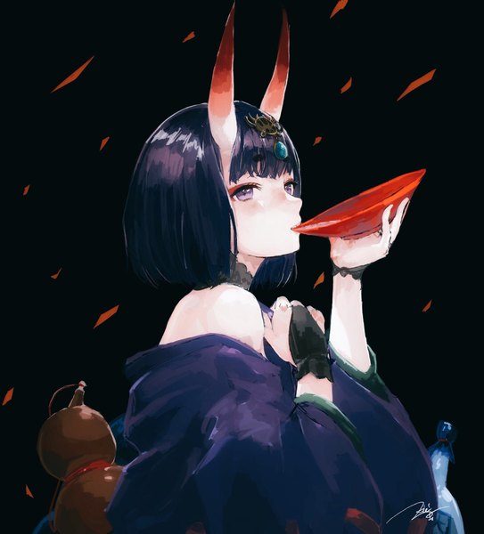 Anime picture 1854x2048 with fate (series) fate/grand order shuten douji (fate) kouzuki kei single tall image blush fringe highres short hair open mouth black hair simple background purple eyes bare shoulders holding signed looking away purple hair upper body