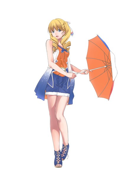 Anime picture 1500x2000 with original orangina nanaku teiru single long hair tall image looking at viewer blush open mouth blue eyes bare shoulders barefoot drill hair personification france ribbon (ribbons) hair ribbon shoes shorts umbrella