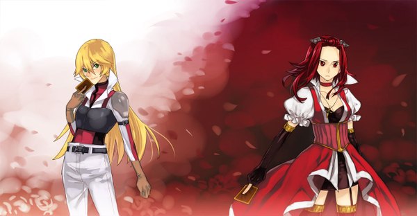 Anime picture 1342x700 with yu-gi-oh! yuu-gi-ou 5d's izayoi aki sherry leblanc molly (artist) long hair blonde hair smile red eyes wide image multiple girls green eyes red hair girl thighhighs dress skirt gloves hair ornament 2 girls