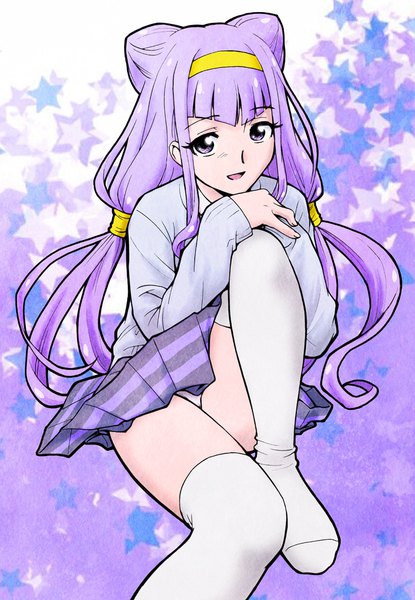 Anime picture 692x1000 with precure hugtto! precure toei animation ruru amour unno hotaru single long hair tall image looking at viewer fringe open mouth light erotic simple background smile sitting purple eyes purple hair :d pleated skirt hair bun (hair buns)