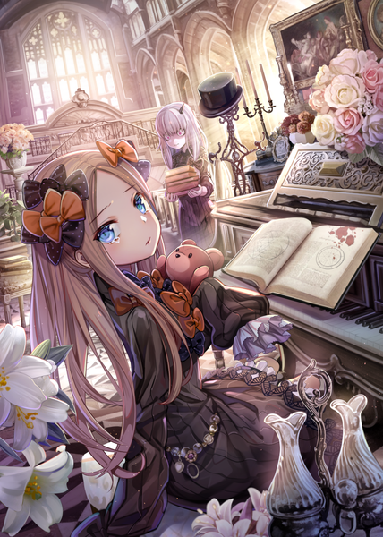 Anime picture 800x1120 with fate (series) fate/grand order abigail williams (fate) lavinia whateley (fate/grand order) torino aqua long hair tall image looking at viewer blush fringe blue eyes brown hair sitting multiple girls holding silver hair indoors blunt bangs long sleeves parted lips