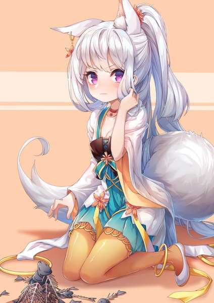 Anime picture 2480x3507 with original de da xianyu single tall image looking at viewer blush fringe highres breasts simple background purple eyes animal ears cleavage silver hair bent knee (knees) ponytail tail very long hair animal tail open clothes