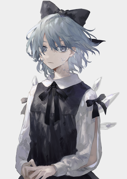 Anime picture 2150x3035 with touhou cirno isshin (kaxz) single tall image highres short hair blue eyes simple background blue hair upper body grey background portrait girl bow hair bow wings blouse ice