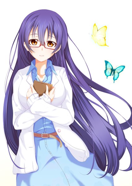 Anime picture 957x1350 with love live! school idol project sunrise (studio) love live! sonoda umi yuu (oosakazaijyuu) single long hair tall image looking at viewer white background brown eyes blue hair girl dress glasses insect butterfly