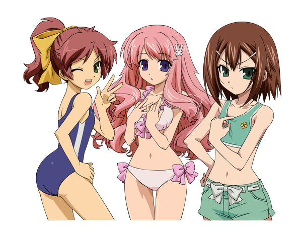 Anime picture 2480x1950 with baka to test to shoukanjuu silver link himeji mizuki shimada minami kinoshita yuuko xxjo-11xx (artist) long hair looking at viewer highres short hair breasts open mouth light erotic brown hair large breasts standing purple eyes bare shoulders multiple girls green eyes