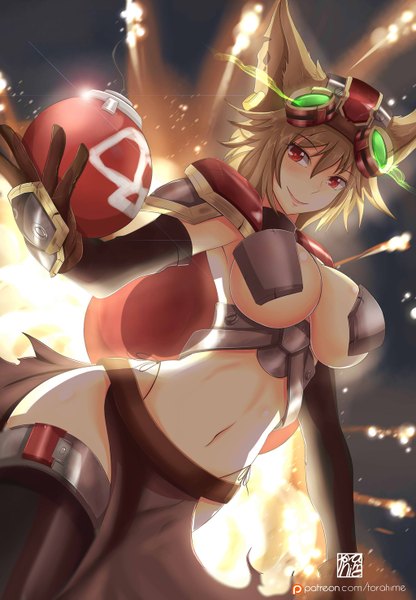 Anime picture 1024x1475 with league of legends ziggs (league of legends) torahime (roland00) single tall image blush fringe short hair breasts light erotic smile red eyes brown hair large breasts goggles on head genderswap girl gloves navel elbow gloves