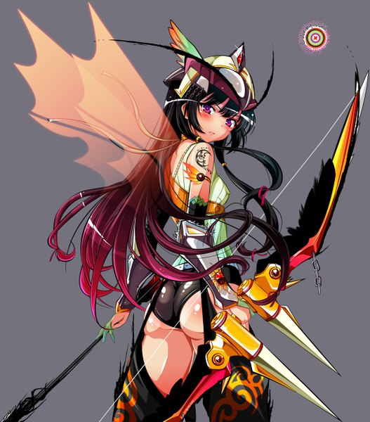 Anime picture 1141x1298 with boku wa tomodachi ga sukunai mikazuki yozora isshi single tall image light erotic black hair pink eyes looking back multicolored hair grey background girl weapon wings bow (weapon) arrow (arrows)