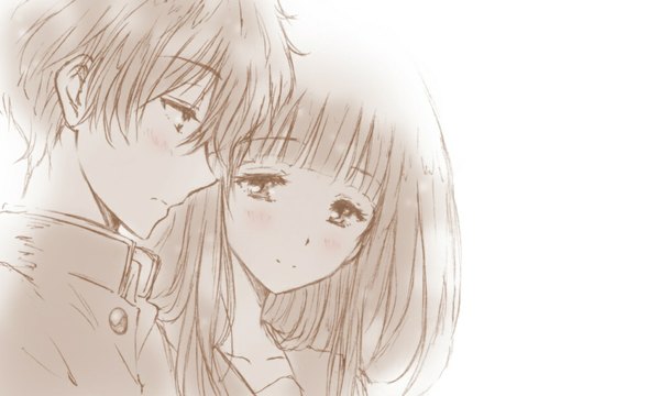 Anime picture 1000x600 with hyouka kyoto animation chitanda eru oreki houtarou long hair blush fringe short hair simple background brown hair wide image white background brown eyes profile light smile grey hair couple monochrome girl boy