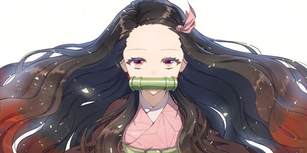 Anime picture 2000x1000 with kimetsu no yaiba ufotable kamado nezuko mizuho single long hair looking at viewer highres simple background wide image white background holding upper body red hair traditional clothes japanese clothes pink eyes multicolored hair two-tone hair floating hair