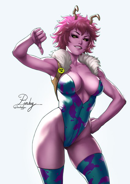 Anime picture 800x1131 with boku no hero academia studio bones ashido mina dandon fuga single tall image looking at viewer fringe short hair breasts light erotic simple background smile standing signed yellow eyes pink hair arm up horn (horns) realistic
