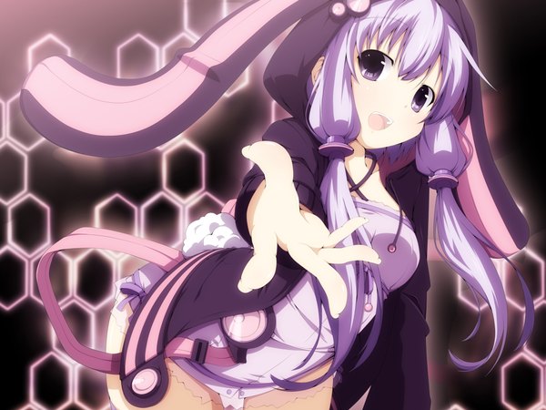 Anime picture 2000x1500 with vocaloid yuzuki yukari yuzuki kei single long hair looking at viewer highres open mouth twintails purple eyes purple hair bunny ears low twintails outstretched hand foreshortening girl hoodie hair tubes hands