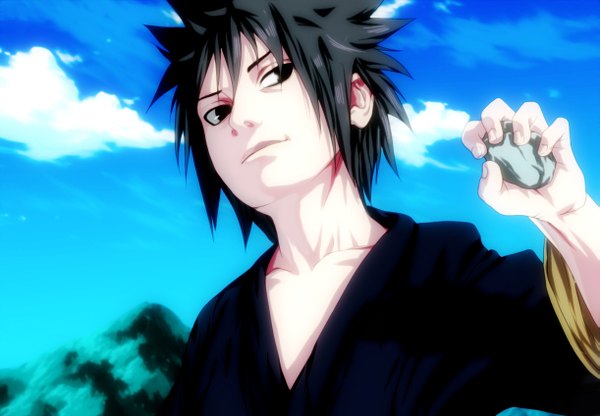 Anime picture 1221x848 with naruto studio pierrot naruto (series) uchiha madara anvmadara single short hair black hair smile looking away sky cloud (clouds) traditional clothes black eyes coloring smirk boy child (children) stone (stones)