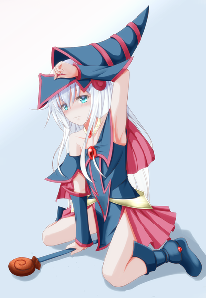 Anime picture 1320x1909 with kantai collection yu-gi-oh! hibiki destroyer dark magician girl risokaaso (tommy9551) single long hair tall image looking at viewer blush blue eyes light erotic sitting full body white hair arm up off shoulder bare legs armpit (armpits) embarrassed