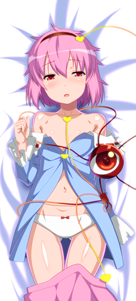 Anime picture 452x1000 with touhou komeiji satori okina sen single tall image blush short hair open mouth light erotic red eyes bare shoulders pink hair lying embarrassed dakimakura (medium) eyes girl underwear panties bow panties