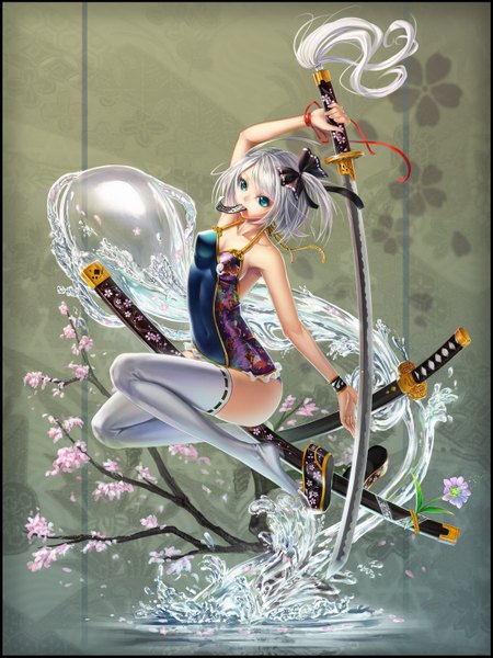 Anime picture 1126x1500 with touhou konpaku youmu myon kayi single tall image short hair blue eyes bare shoulders holding silver hair dual wielding girl thighhighs flower (flowers) bow weapon swimsuit hair bow white thighhighs