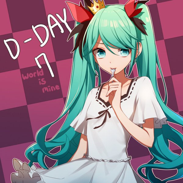 Anime picture 800x800 with vocaloid world is mine (vocaloid) hatsune miku asd13 single long hair looking at viewer twintails aqua eyes aqua hair checkered checkered background girl dress white dress crown fork mini crown