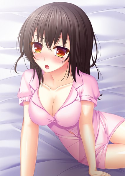 Anime picture 778x1100 with strike the blood himeragi yukina toshi (1-147) single long hair tall image looking at viewer blush open mouth light erotic black hair cleavage orange eyes girl shirt