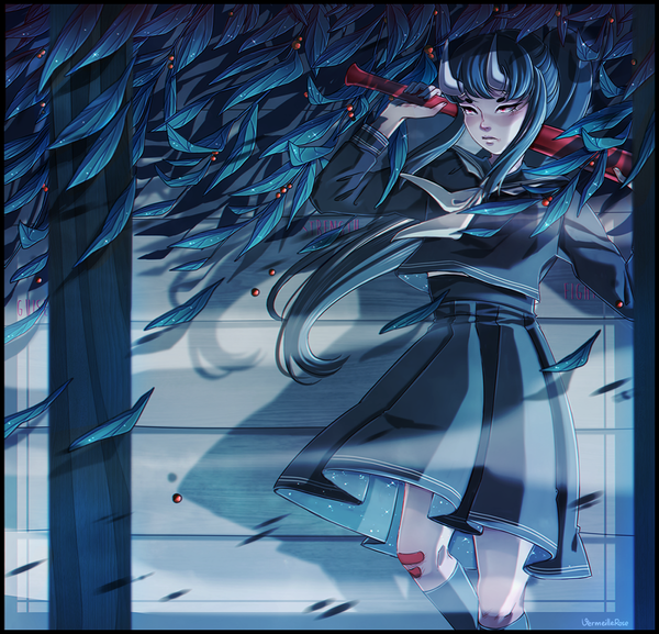 Anime picture 1200x1155 with original vermeillerose (maria) single long hair fringe red eyes standing holding signed payot blue hair looking away ponytail horn (horns) wind shadow border eyebrows girl uniform