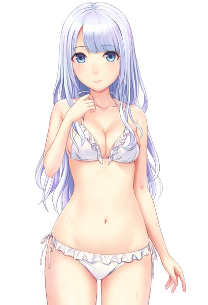 Anime picture 1000x1462 with original n.g. single long hair tall image looking at viewer blush fringe breasts blue eyes light erotic simple background standing white background blue hair blunt bangs light smile sweat sweatdrop girl