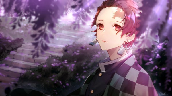 Anime picture 1280x720 with kimetsu no yaiba ufotable kamado tanjirou otoufu (gotouhu) single short hair red eyes wide image signed upper body red hair looking up scar checkered boy uniform flower (flowers) earrings stairs wisteria