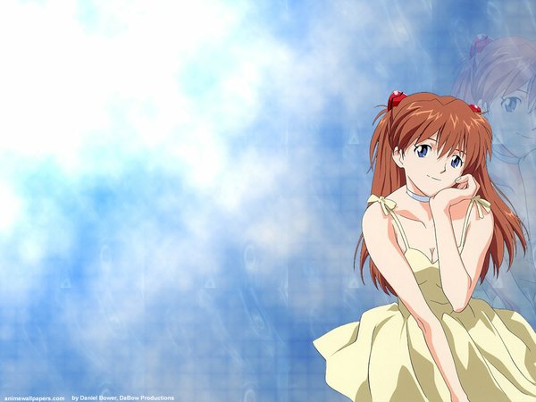 Anime picture 1024x768 with neon genesis evangelion gainax soryu asuka langley single long hair looking at viewer fringe blue eyes smile hair between eyes brown hair sitting bare shoulders sky cloud (clouds) wallpaper zoom layer chin rest girl dress