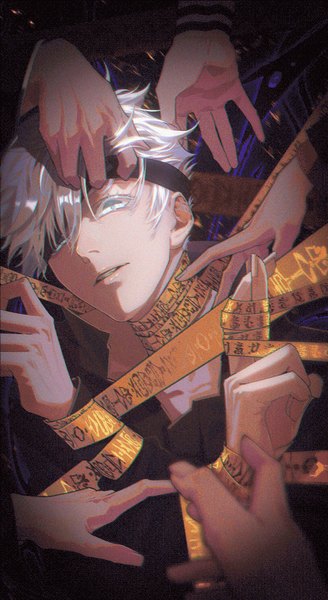 Anime picture 654x1196 with jujutsu kaisen mappa gojou satoru lixian single tall image looking at viewer short hair upper body white hair silver eyes crossed fingers boy ribbon (ribbons) eyepatch hands