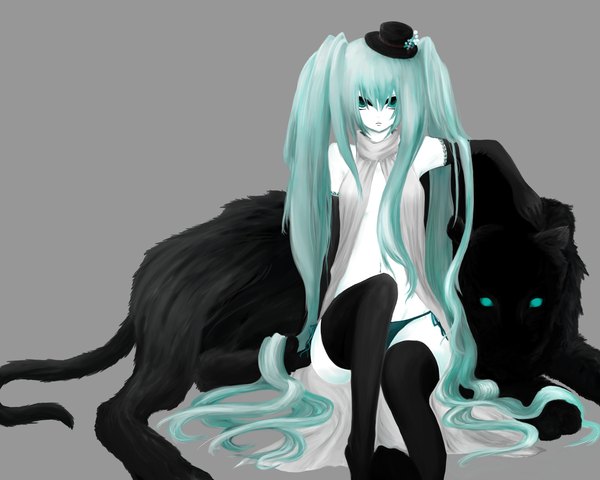 Anime picture 1875x1500 with vocaloid hatsune miku long hair highres sitting twintails green eyes green hair girl thighhighs gloves black thighhighs hat elbow gloves mini hat mini top hat panther