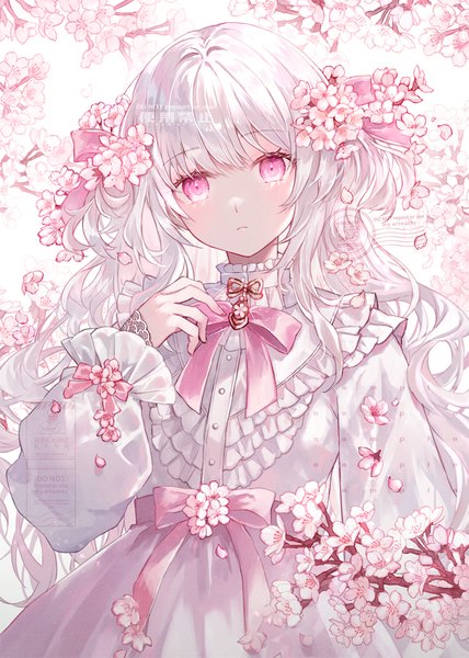 Anime picture 800x1122 with original shiromine kana single long hair tall image looking at viewer silver hair upper body pink eyes hair flower two side up cherry blossoms spring girl flower (flowers) frills blouse