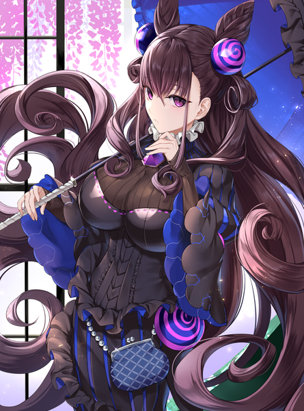 Anime picture 2756x3720 with fate (series) fate/grand order murasaki shikibu (fate) ikomochi single long hair tall image looking at viewer fringe highres breasts light erotic hair between eyes brown hair large breasts standing purple eyes holding payot long sleeves