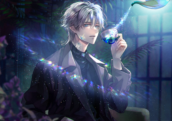 Anime picture 1200x848 with original yakujyooz single looking at viewer fringe short hair blue eyes hair between eyes upper body indoors grey hair pouring boy plant (plants) cloak cup turtleneck teacup