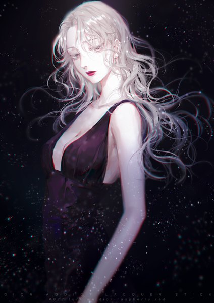 Anime picture 2480x3508 with original moss (2225028) single long hair tall image fringe highres light erotic hair between eyes standing cleavage silver hair lips no bra lipstick text watermark looking down wavy hair red lipstick